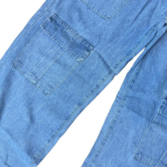Womens Cargo Jeans Size XL Blue Wide Leg High Rise Multiple Pockets - Picture 12 of 15